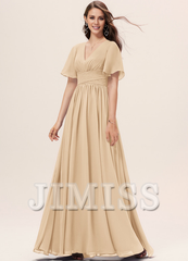 Ruffled A-line V-neck Floor-length Chiffon Bridesmaids Dress