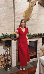 Red V Neck Evening Prom Dress Woman Party Dresses