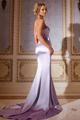 A-line off shoulder satin side slit and floor length evening gown