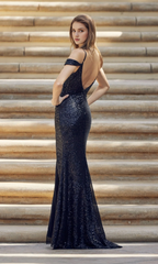 Off shoulder long sequin thin shoulder strap hanging strap with sleeves side slit Prom dress