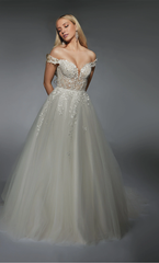 Sheer lace off shoulder phantom lace decal wedding dress