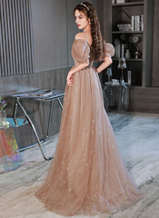 A-Line Princess Glitter Champagne Tulle Off Shoulder Long Party Dress Formal Dress Prom Dress