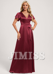 A-Line V-Neck Floor-Length Stretch Satin Bridesmaids Dress