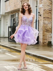 Glitter tight corset top with shimmering chiffon short Homecoming dress