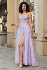 Purple A-line off shoulder lace sheer tight corset for evening dress