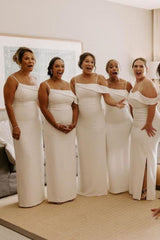 Weitese Classic Sheath Spaghetti Straps White Long Bridesmaid Dress with Split Front