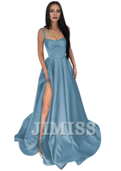 Thin shoulder strap satin ball gown with long A-line slit and pleated formal party evening gown