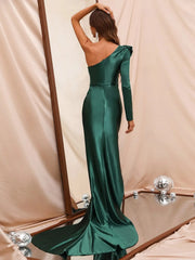 One shoulder ruffled satin and floor length formal dress