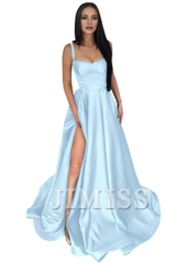 Thin shoulder strap satin ball gown with long A-line slit and pleated formal party evening gown