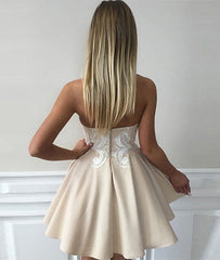 Cute champagne lace applique short prom dress, cute homecoming dress