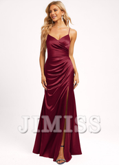 A-line V-neck floor-length satin bridesmaid dress