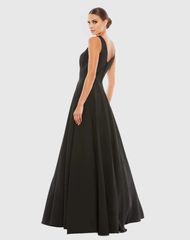 A-line V-neck black sleeveless floor-length evening dress