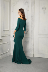 Off shoulder collar three-quarters sleeves with ruffled edges and floor length for mothers of the bride dresses