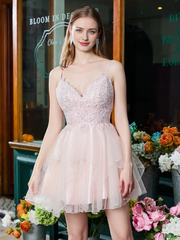 V-neck applique pleated chiffon short Homecoming dress