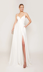Perfect satin chicken neckline A-line slit satin button wedding dress