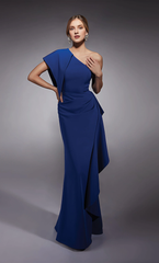One shoulder straight tube side ruffle edge formal long mothers of the bride dresses
