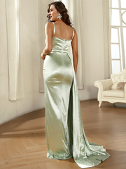 Sweetheart collar green satin slit and floor length gown evening dresses