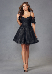 Embroidered lace applique short off shoulder short sleeved sparkling dress