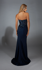 Strapless straight tube slit evening gown tight corset long formal dress