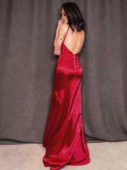 Jimiss tight/straight tube silk satin thin shoulder strap ruffle edge sleeveless Prom dress