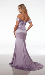 Off shoulder collar satin high slit and floor length Prom dress
