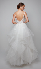 Chiffon lace deep V-neck floral decals and floor length wedding dresses