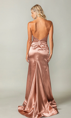 Low V-neck pleated bust open back and floor length Prom dress