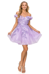 3D floral decal short off shoulder dress