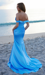 Jimiss off shoulder V-neck pleated back zipper side slit and floor length evening dress