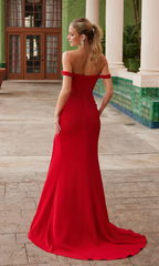 Jimiss off shoulder V-neck pleated side slit and floor length evening dress
