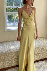 Jimiss chic yellow thin shoulder strap long Prom dress