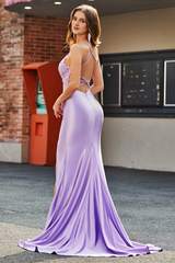 Light purple fish tail V-neck backless bead applique slit for evening dress