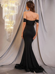 Mermaid off shoulder satin pleated and floor length formal dress