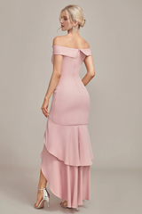 Pink mermaid off shoulder asymmetrical ruffle hem bridal mother dress
