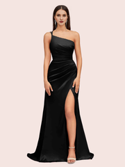 one shoulder bridesmaid dresses soft satin marmaid dress for wedding guest with side slit
