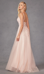 A-line V-neck lace embroidery and floor length Prom dress
