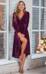 A-line V-Neck Velvet Long Sleeve Cocktail Dress Bridesmaid Dress Formal Dresses for Wedding Guest Mother of the Bride Dresses