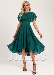Ruffled A-line Spoon Asymmetric Chiffon Bridesmaids Dress