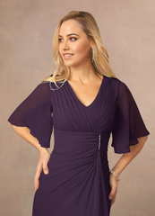 A-Line V-Neck Lace Chiffon Appliques Plum Mother of the Bride Dresses