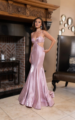 Mermaid thin shoulder strap V-neck satin and floor length evening gown