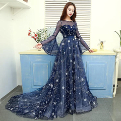 A-line Glitter Tulle Navy Blue Round Neckline Long Party Dress Prom Dress With Sweep Train