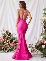 Mermaid V-neck slim shoulder strap backless and floor length formal dress