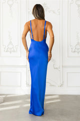Jimiss Straight Deep V-neck Satin Low Back Long Prom Dress