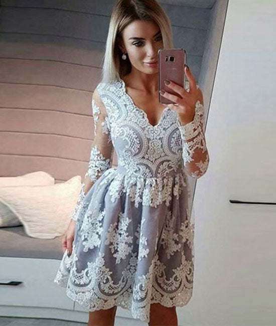 Unique lace short prom dress, lace homecoming dress