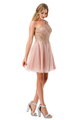 Beaded short one shoulder dress paired with A-line skirt