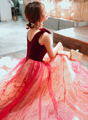 Sparkling A-line Velvet Tulle Long Party Dress Red V-neckline Prom Dress