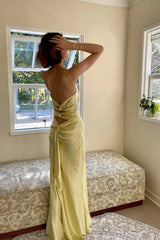 Jimiss chic yellow thin shoulder strap long Prom dress