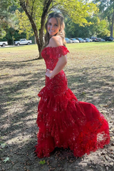 Jimiss off shoulder red sequin layered mermaid long dress