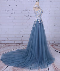 Unique round neck applique tulle long prom dress, tulle evening dress
