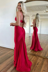 Jimiss Fashion Mermaid Thin Shoulder Strap Long Red Satin Prom Dress